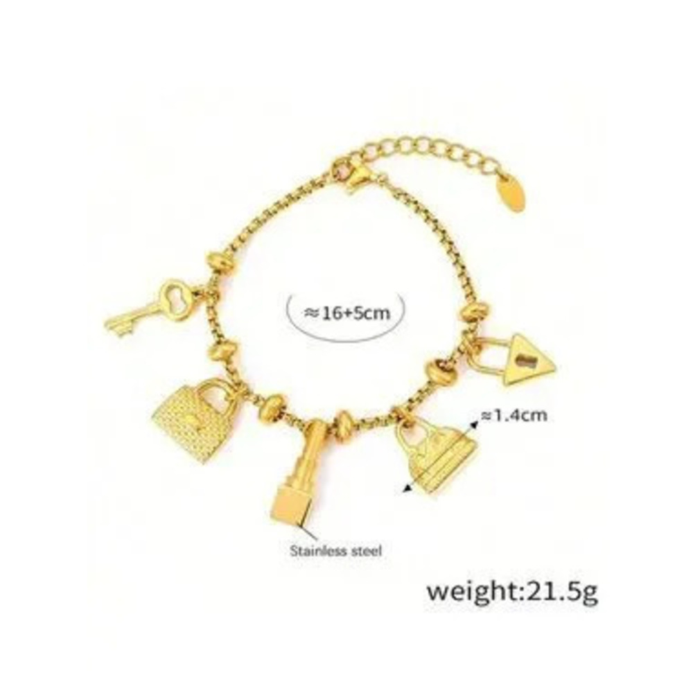 Gold Plated Stainless Steel Charm Bracelet C Key, Lock, Lipstick & Purse Design
